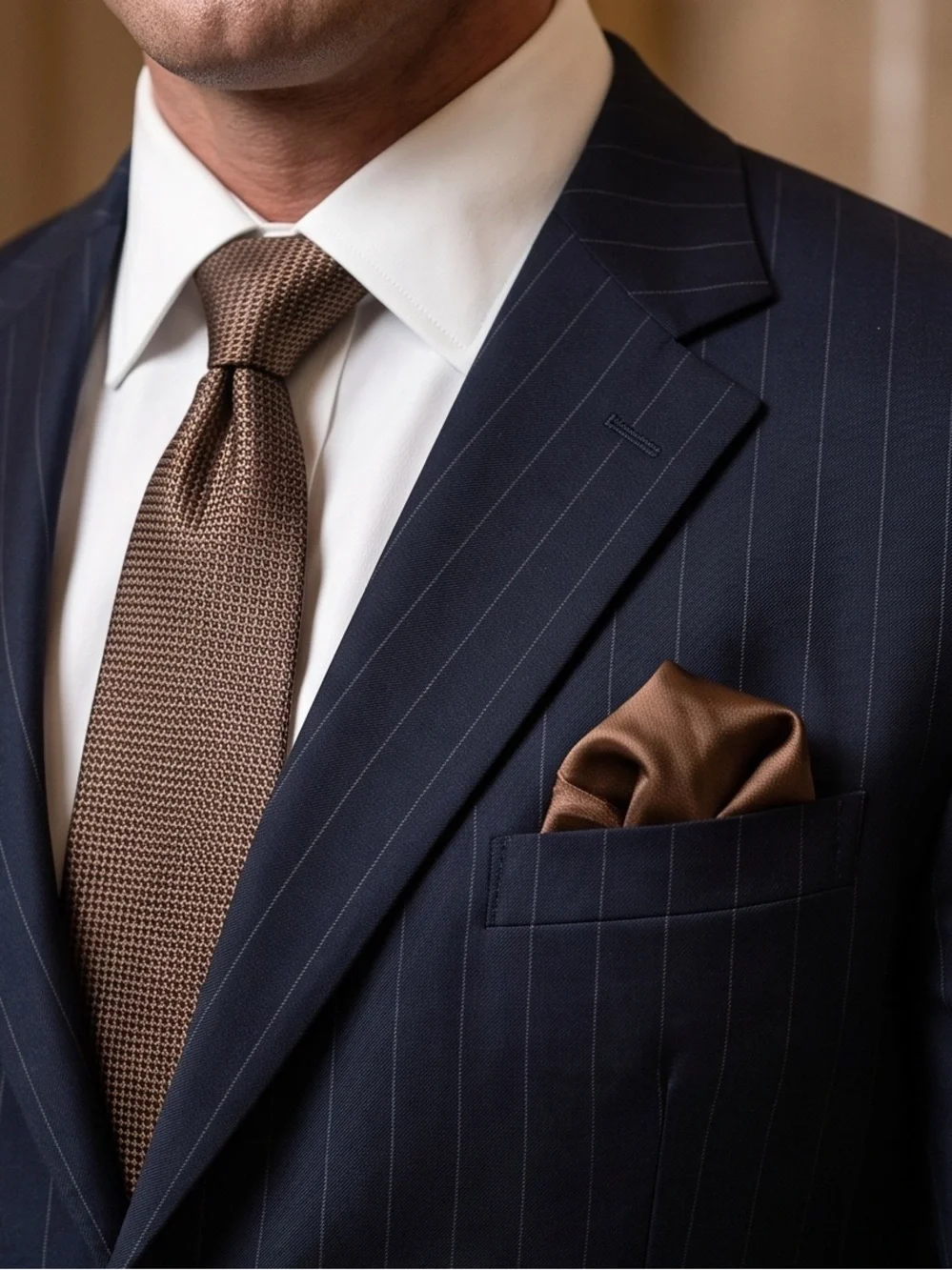 Men's Navy Pinstripe Two-Piece Suit with Brown Accessories